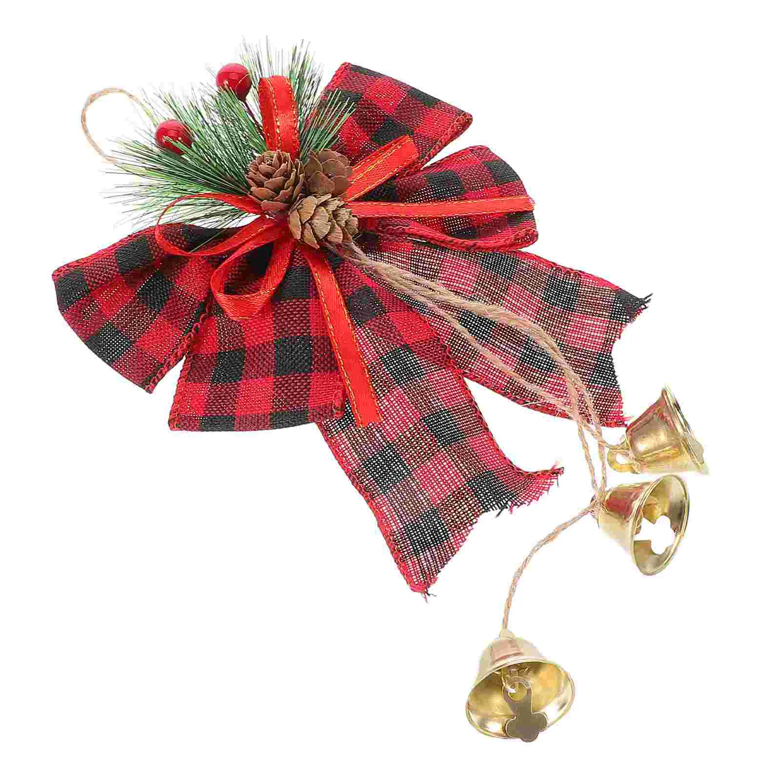 

Christmas Tree Pendant Mini Red Check Bow Hanging Decoration Pine Cone Bell Ornament Vintage Cloth with Checkered Ribbon