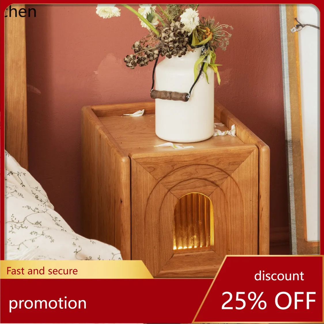 

CZ Bedroom Narrow Side Cabinet Vintage Cherry Wood Cabinet Luminous Modern Small Apartment Bedside Table