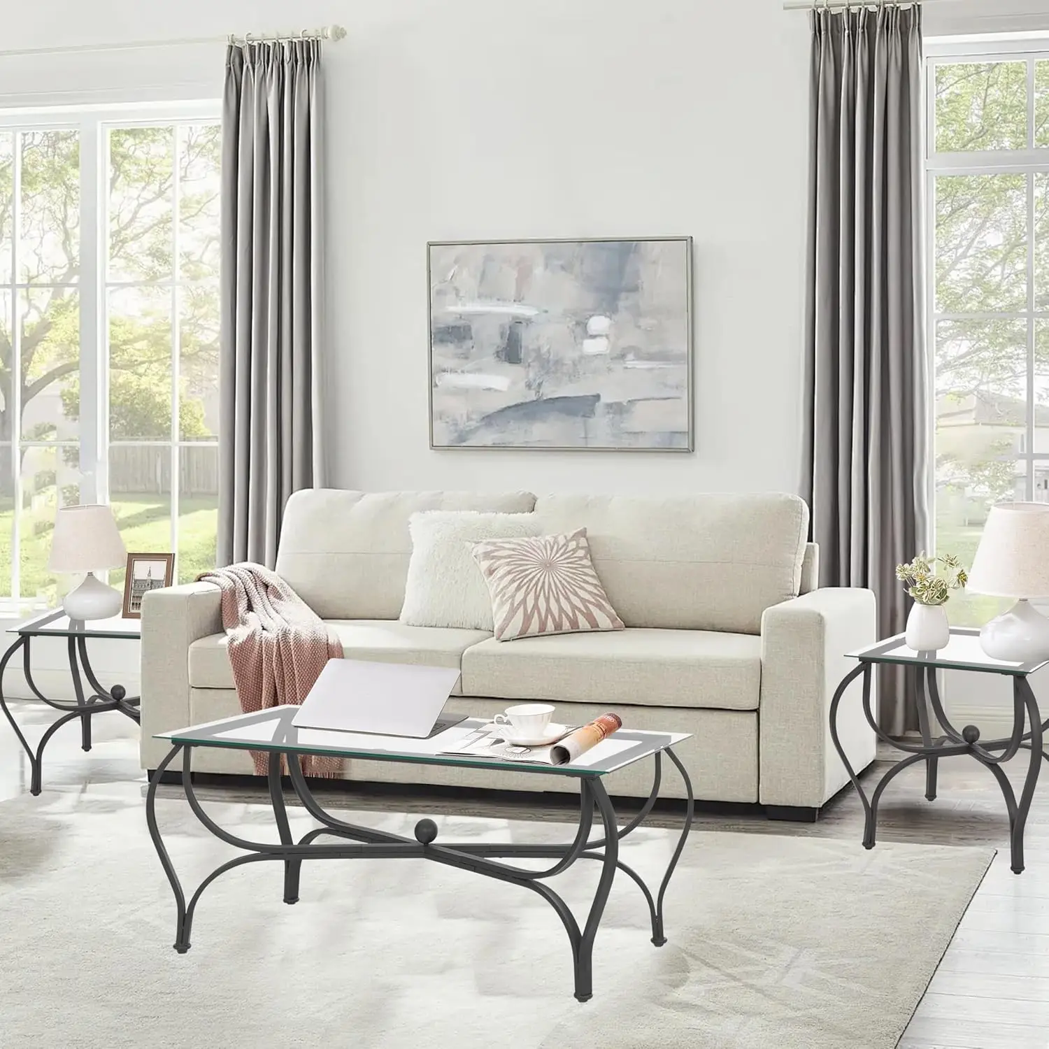 3-Piece Tempered Glass Coffee Table & Side Table Set 4