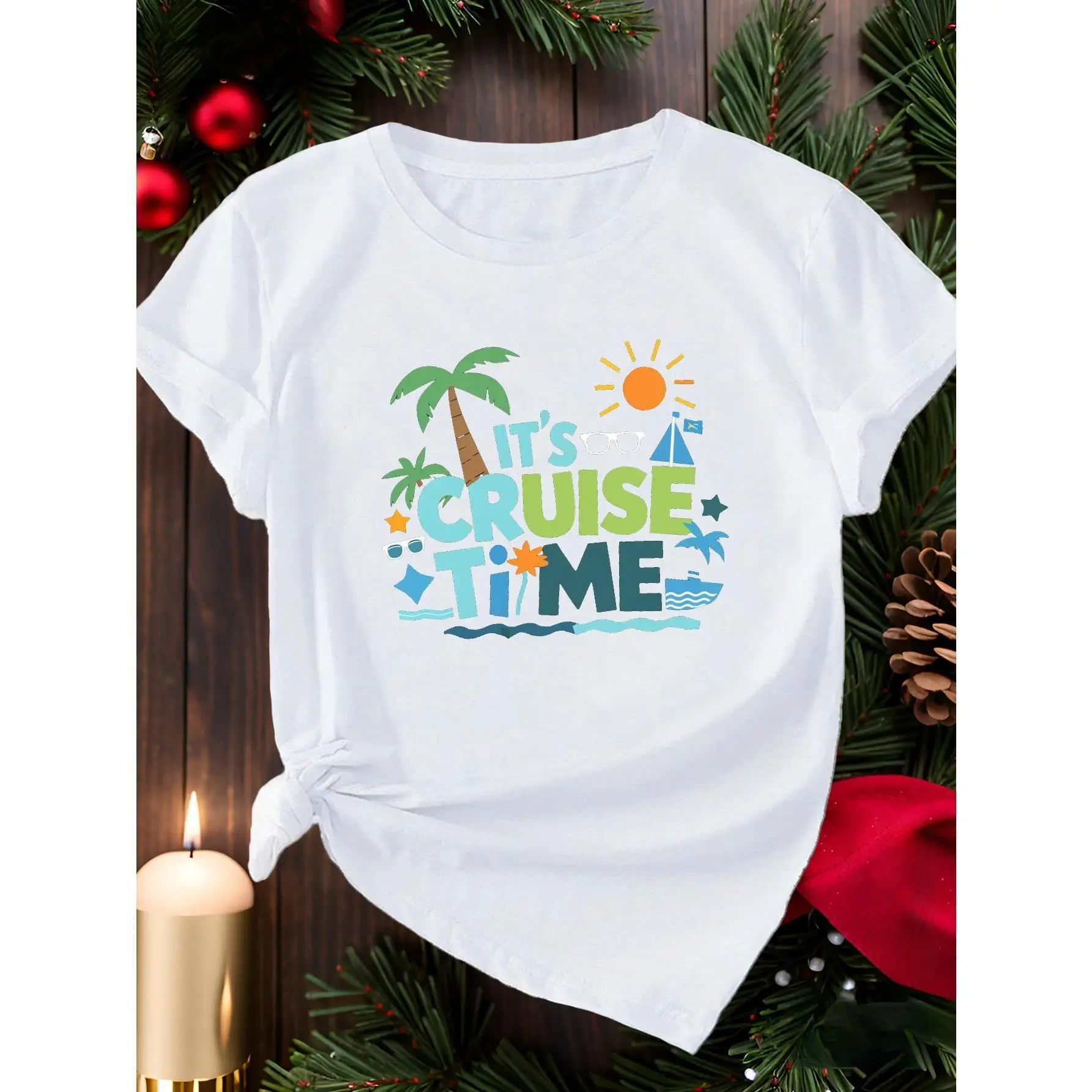 

“It’s Cruise Time” Slogan Tee Featuring Palm Tree & Sun Graphics