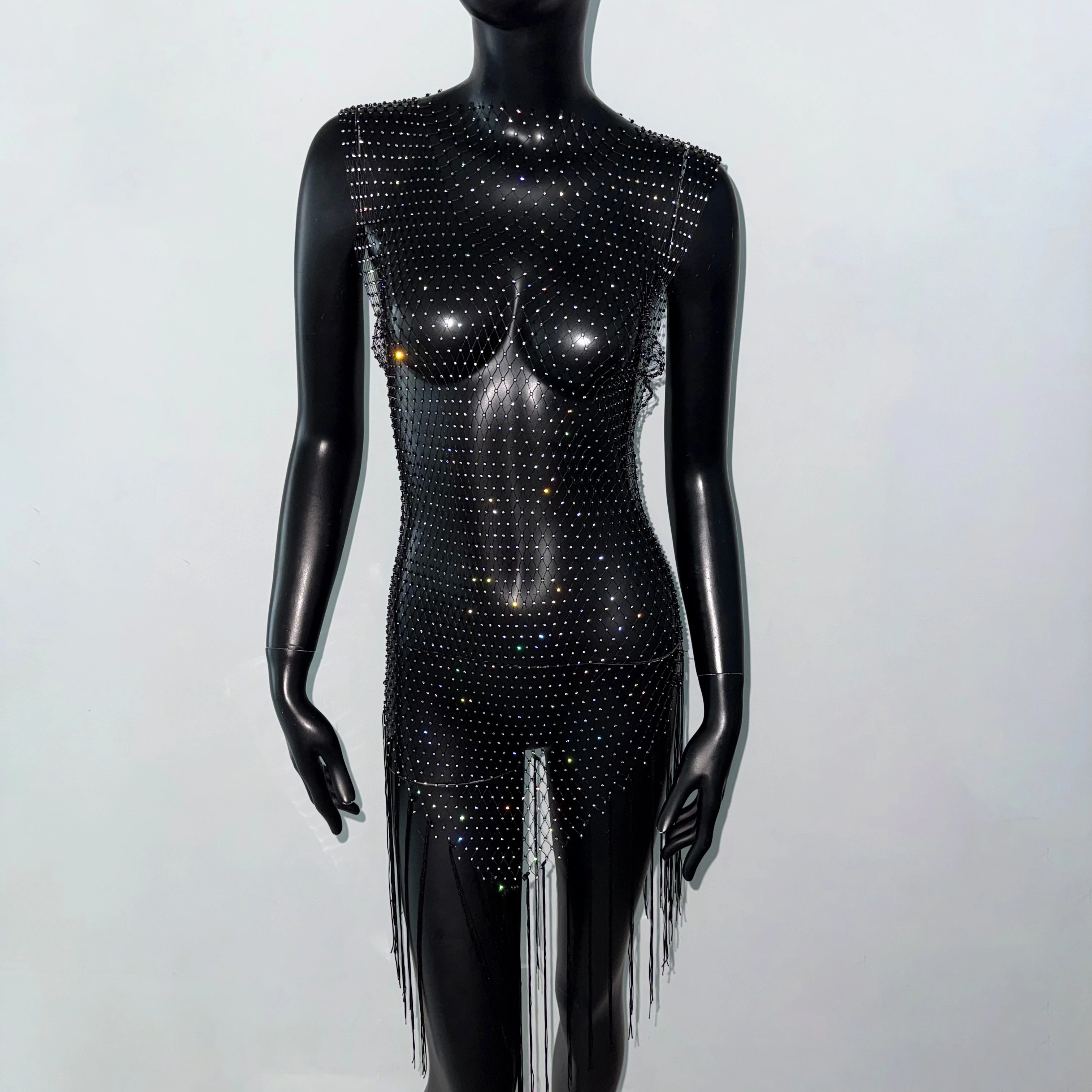 Vrouwen elegante lange kwastjesjurk sexy visnet strass doorzichtige mouwloze jurk cover-up rave festivaljurken nieuw