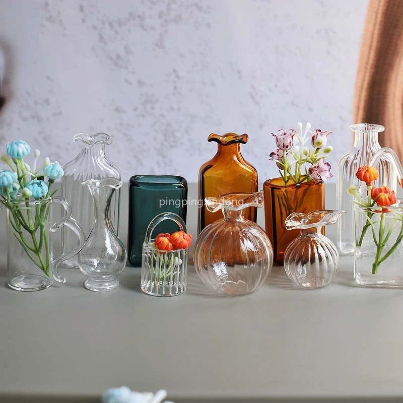 Dollhouse Mini Vase Glass Bottle Handmade Glass Vase Miniature Vase Flower Decoration Doll House Diy Food Play Decoration