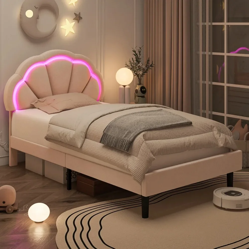 LED Bed Frame, Twin Size Velvet Upholstered Platform Bed with Adjustable Headboard, Lights Seashell Bed for Kids Girls, Pink