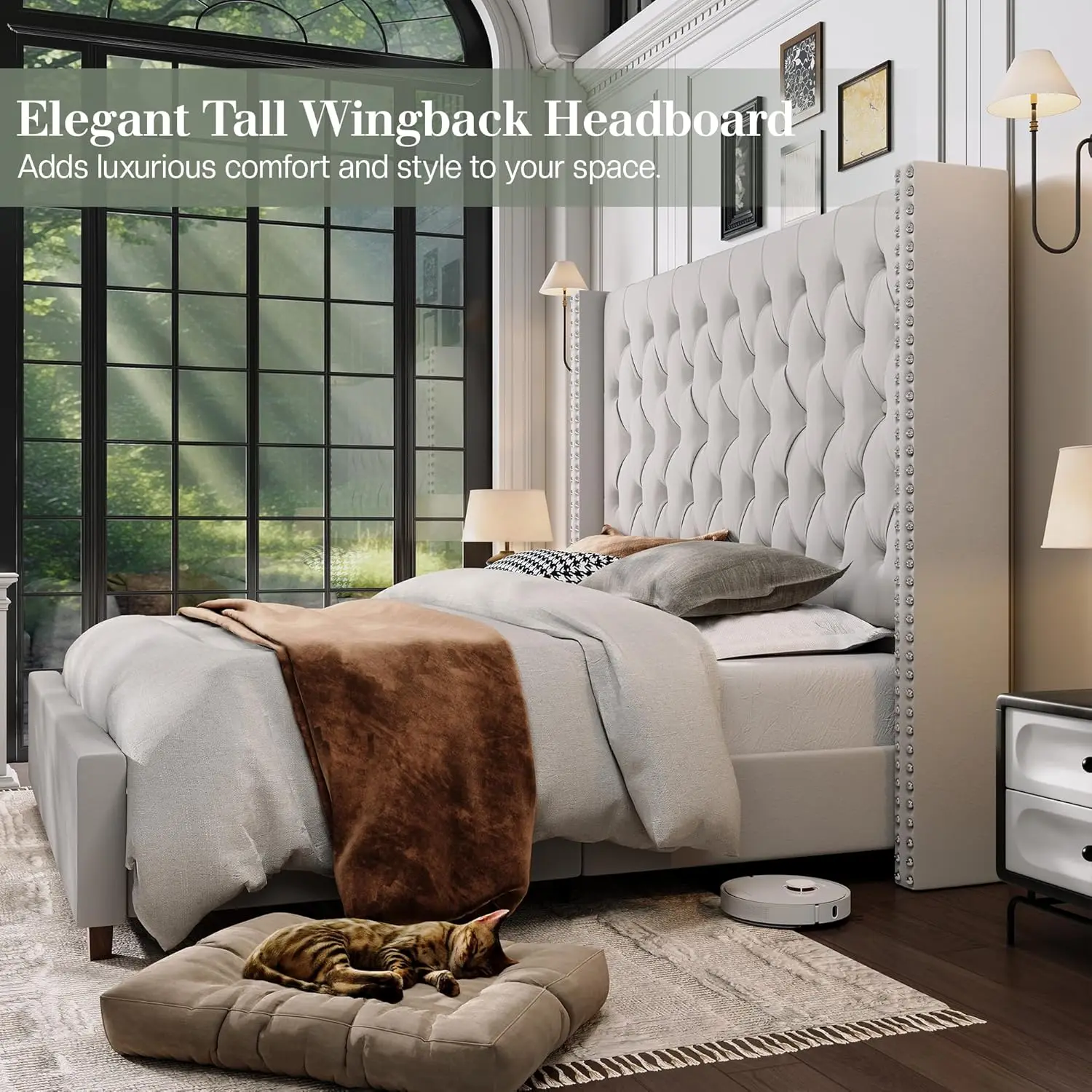 킹 사이즈 침대 프레임, 61.4인치 높이의 윙백 헤드보드, 벨벳 소재 플랫폼 침대, 수제 주름 및 깊은 디자인
