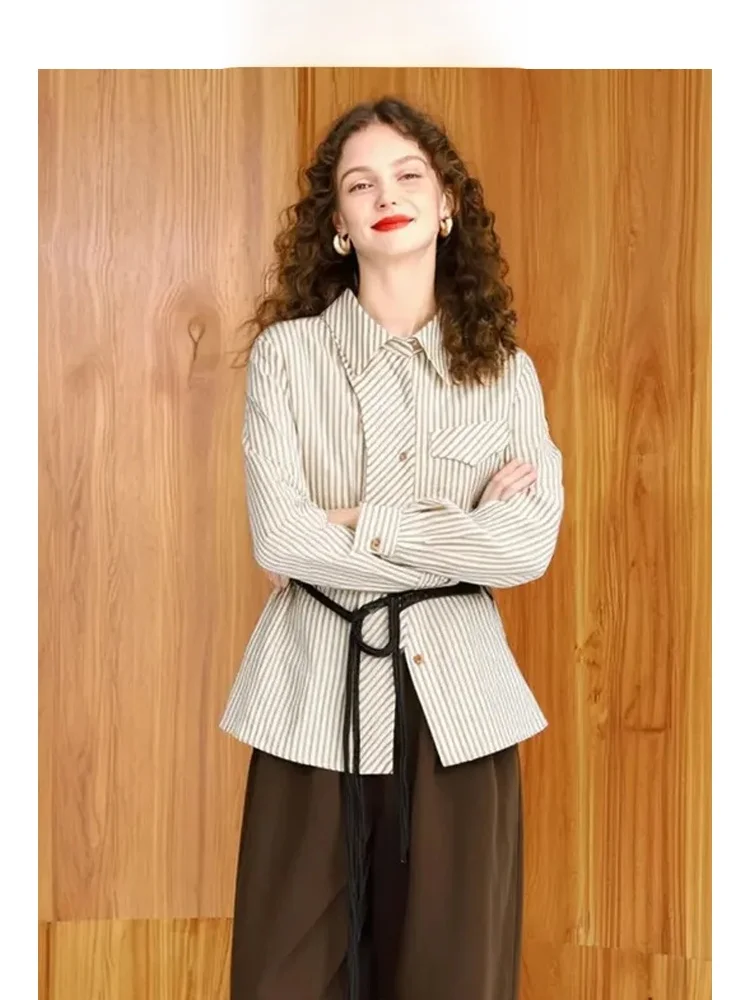 

ZhuoZhi Autumn 2025 Long Sve Ne Striped irt Ele Commute Sle French Sle Straight Cut Button Plaet