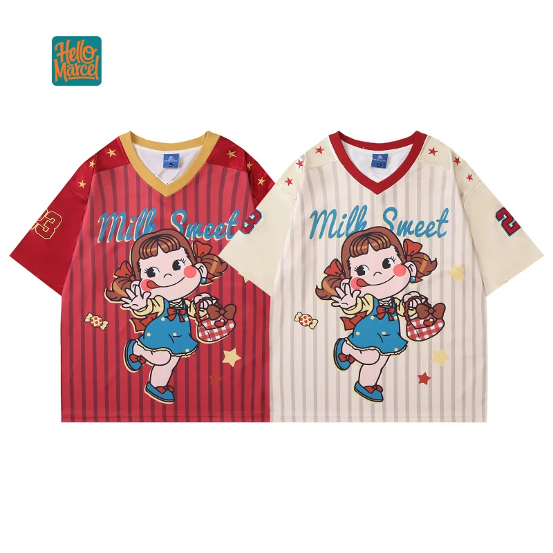 HELLOMARCEL EU US Size High Quality Girl Street Wear T-Shirt Retro Striped Cute Cartoon Print Color-Blocking V-Neck Tee Jersey