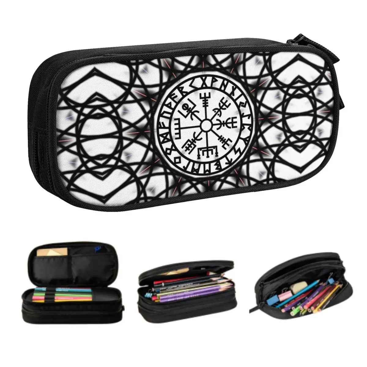 Custom Vegvisir Futhark Runes Compass Vikings Korean Pencil Case Large Capacity Viking Valhalla Pencil Pouch Students Stationery