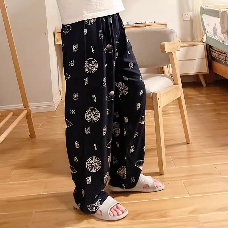 Pijamas de seda de algodón para hombre, ropa de dormir Sexy para el hogar, pantalones largos para dormir, de mediana edad