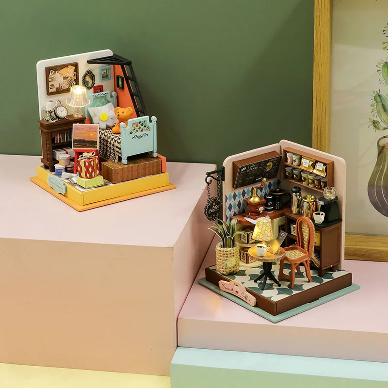 3D Wooden Puzzle Mini Coffee Shop Dollhouse Kit DIY Handmade Assembly Building Model Creative Doll House Toy for Birthday Gift
