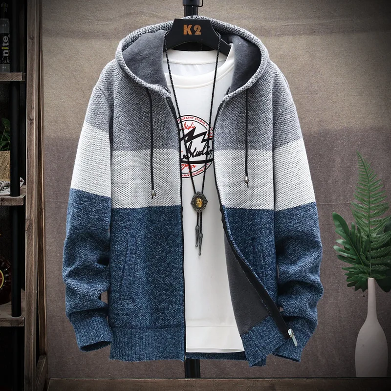 New Men's Clothing Fashion Color Blocking Knit Sweater Coats Hooded Zippers Jackets Warm Gradual Fleece-lined and Thickene Tops