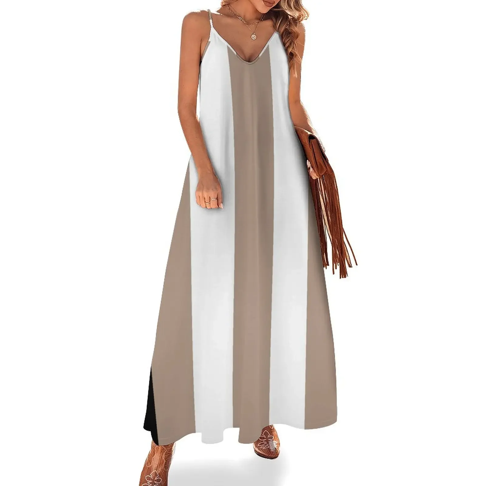 

Large TAUPE and WHITE Vertical STRIPES Sleeveless Dress evening dresses luxury 2024 Women's summer long dress Dress woman