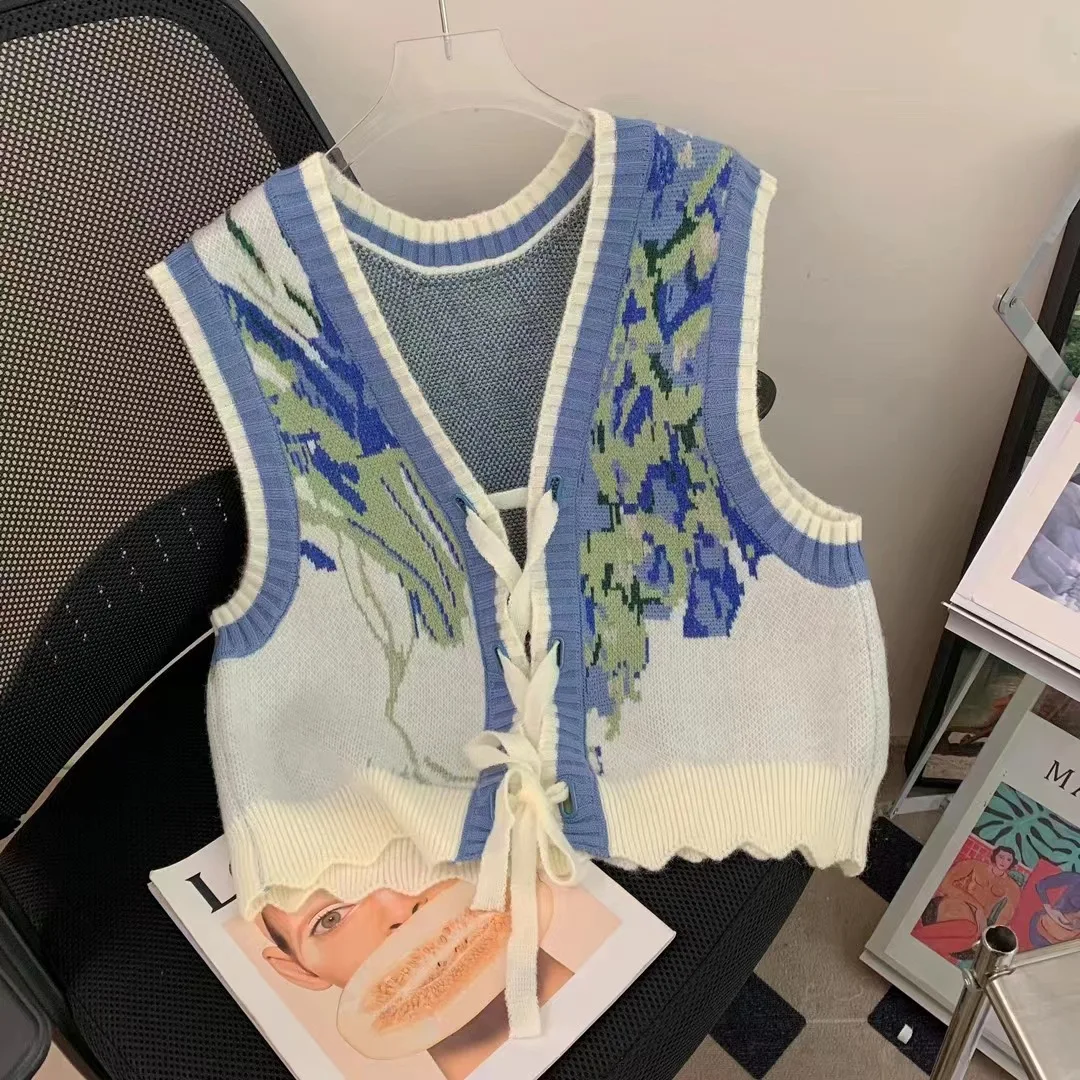 Gilet lavorato a maglia con stampa girasole con scollo a v retrò da donna primavera autunno senza maniche