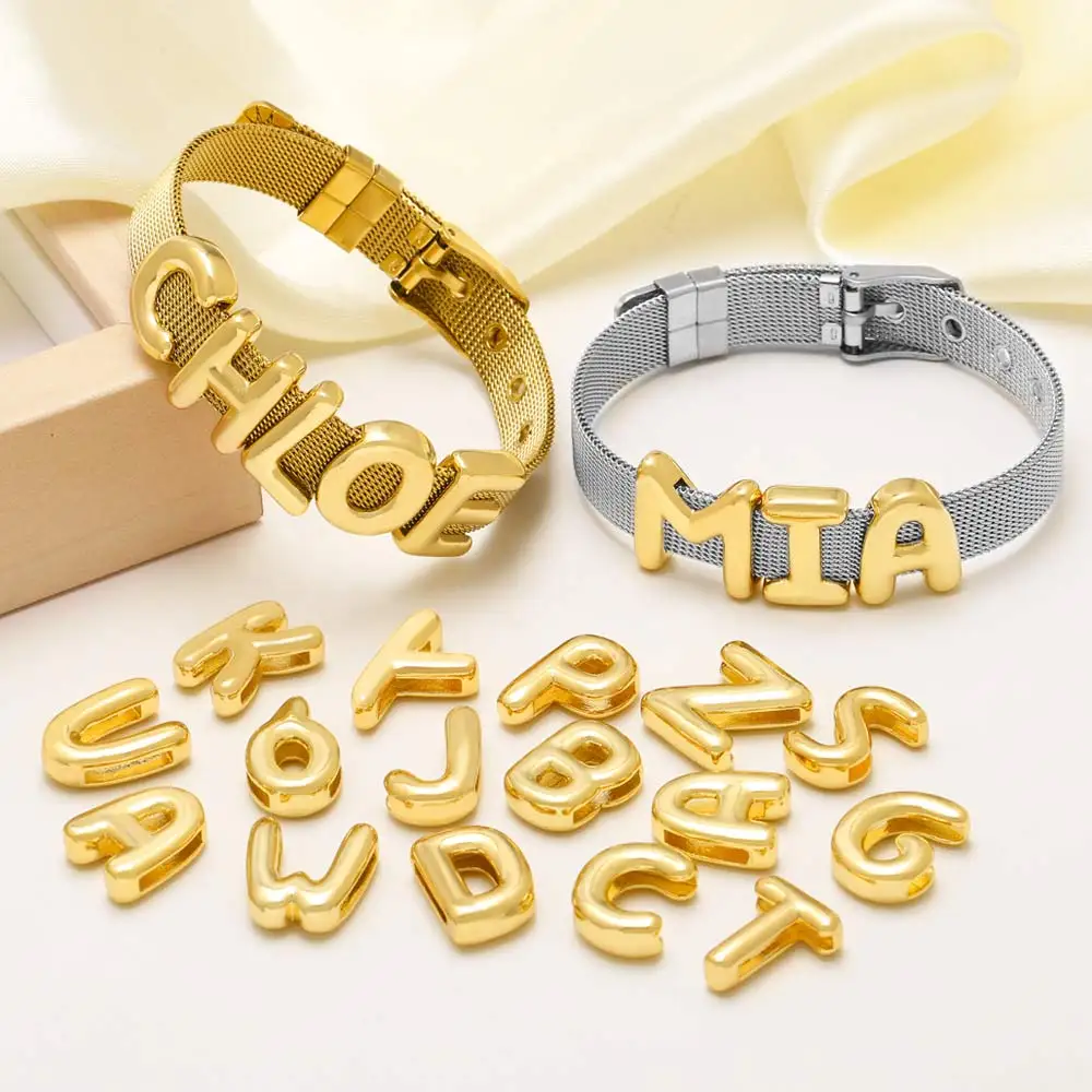 FLOLA DIY 26 letras pulseras con nombre personalizado para mujer Color oro plata pulseras con iniciales de banda ancha joyería hecha a mano brtd91