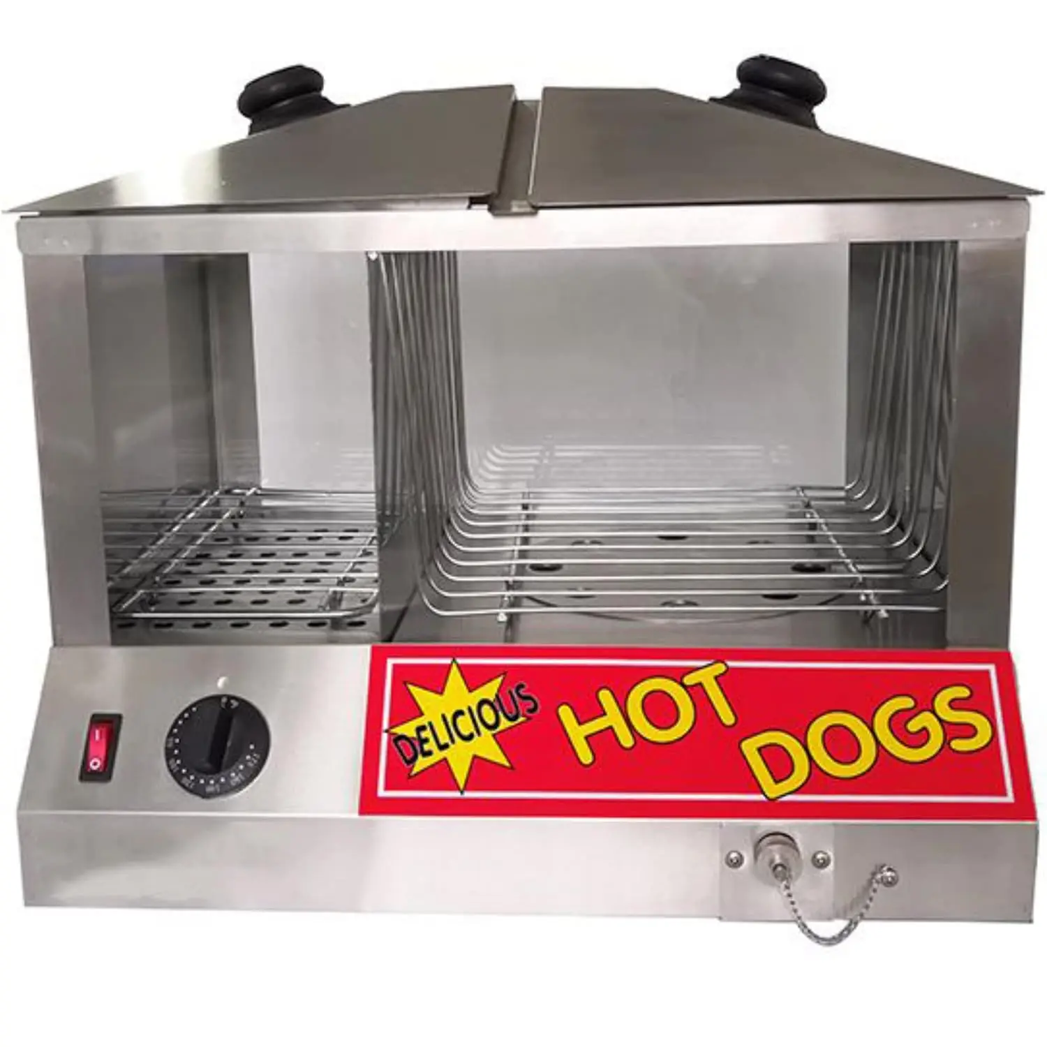 

Fse Hds-1300W/100 Hot Dog Steamer And Bun Warmer With 100 Hot Dogs And 48 Buns Capacity, Top Loading, 18”W X 14.25”D X 16”H,