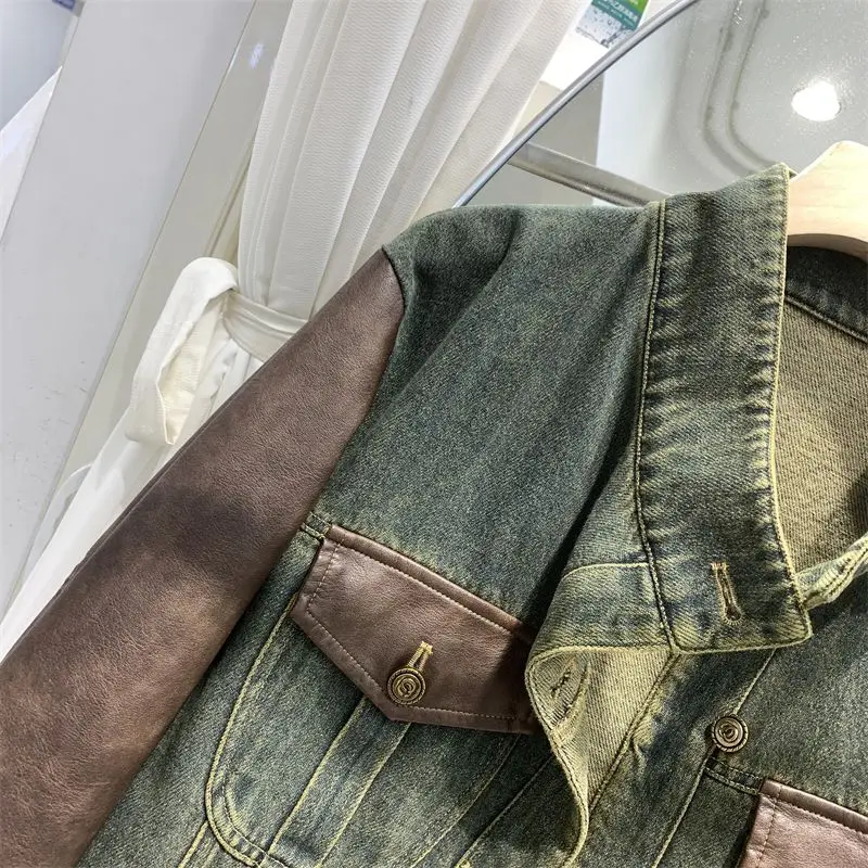 Hong Kong jaket Denim pria dan wanita kulit jahitan jaket musim gugur 2024 baru desain tidak teratur kulit atasan nyaman pendek