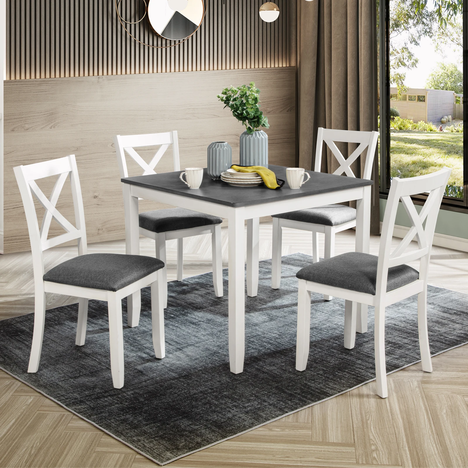 *5-Piece Dining Table Set with 4 Chairs Modern Wood Grey & White Two-Tone 4-Person Capacity Small Kitchen/Dining Room Use