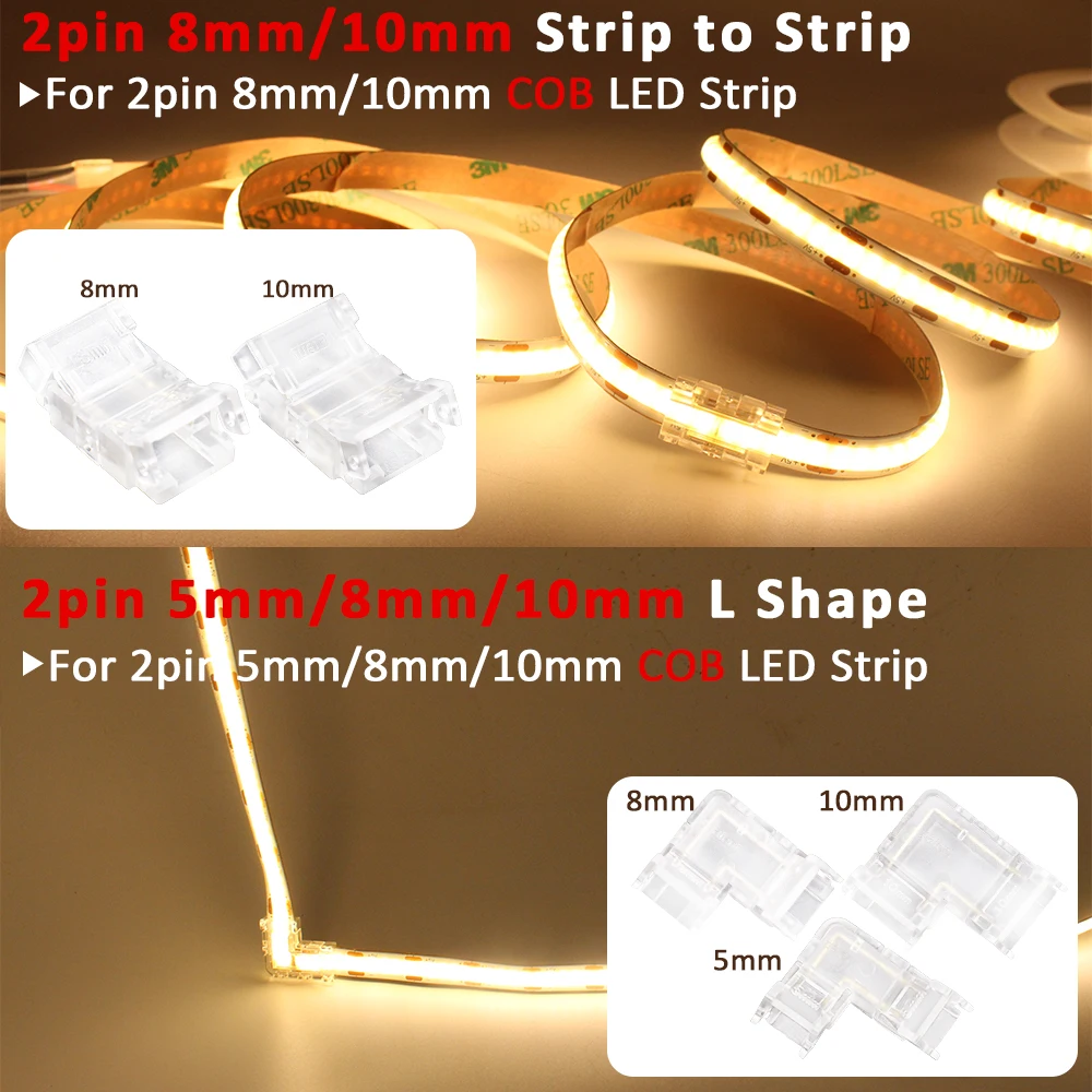 Conector de tira de LED COB, 2 pines, 3 pines, 4 pines, 5mm, 8mm, 10mm, conector de cable rápido sin soldadura para tiras de luces LED de un solo