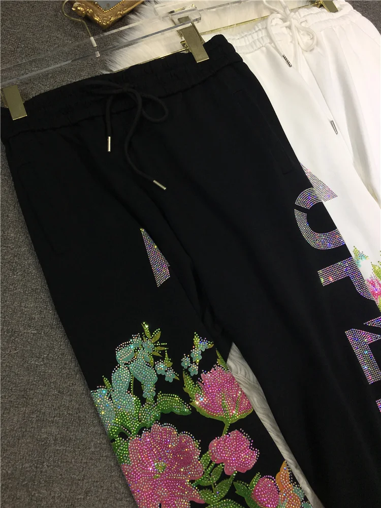 Blingbling Luxury Peony Flower Hot Drilling Women Sweatpants Large Size High Waist Sports Pants All-match Casual Long Trousers