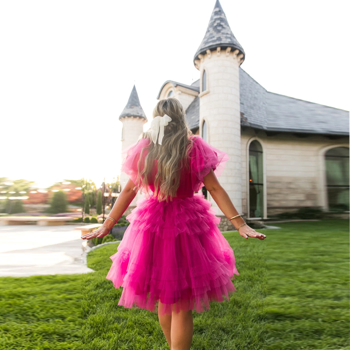 Vestidos de baile rosa chique para mulheres, altura do joelho, manga em camadas, vestidos de festa curtos, fotografia de menina