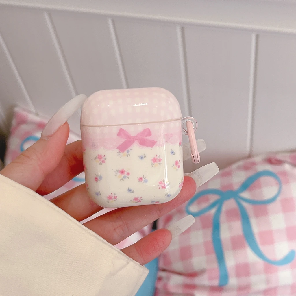 Korean Style Pink Small Floral Bow Grid Pattern Glossy Surface Earphones Protective Cover Case for AirPods 2 3 4 5 Pro2 Pro3