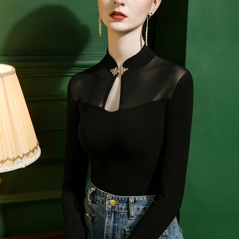 #4323 Spring 2024 Black Vintage Office T Shirt Women Stand Collar Split Joint Mesh Hollow Out Skinny T Shirt Ladies Long Sleeve