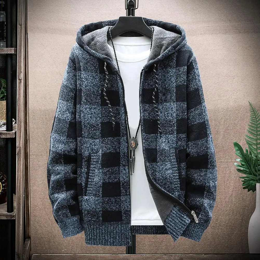 Men's Plaid Hooded Winter Sweater Cardigan Thick Plush Plaid Print Zip-up Jacket Winter Knitwear Fleece Checkered Knit Jumper