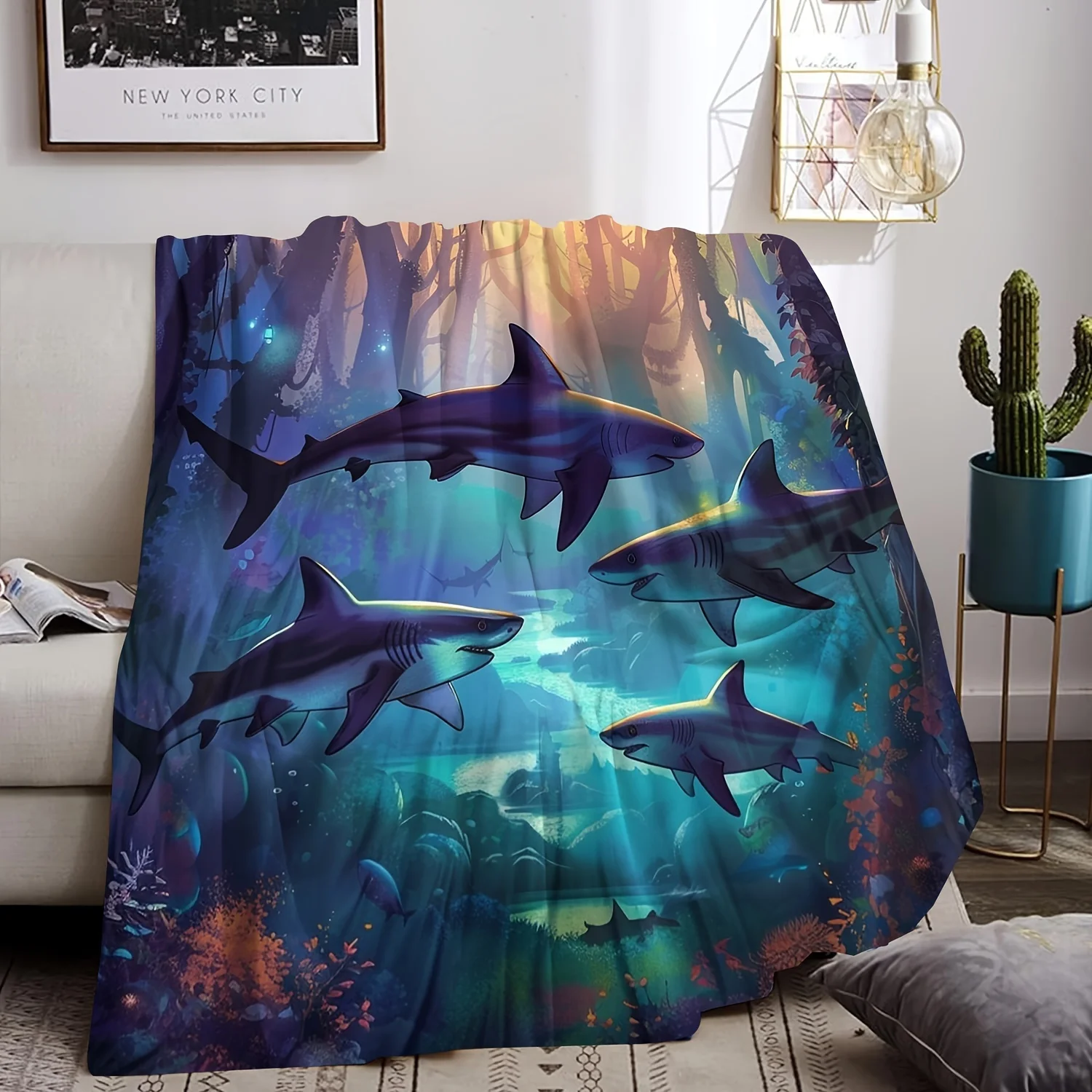 Shark Animal Ocean Pattern Print Art Blanket - Soft All-Season Multi-Purpose Throw for Couch, Bed, Office, Travel & Gift