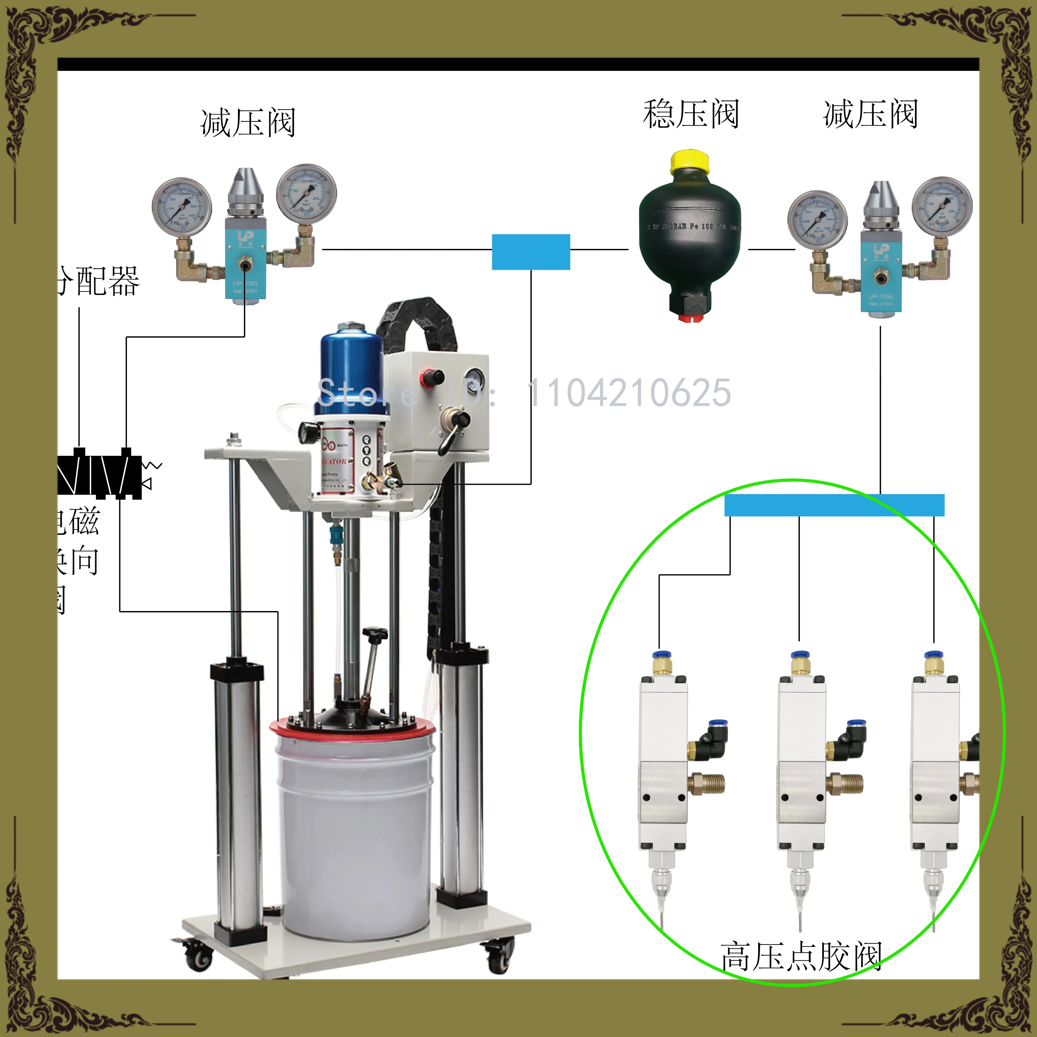High pressure grease  valve UP-014, quantitative, precise, line drawing, uniform rotation, and adhesive application