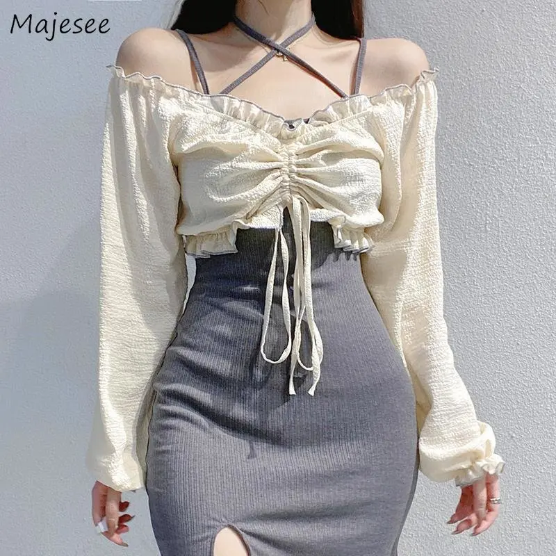 

2 Pcs Sets Women Hotsweet Elegant Bandage Shirring Blouses Side-slit Dresses Streetwear Vintage Ins Spring Korean Style Female