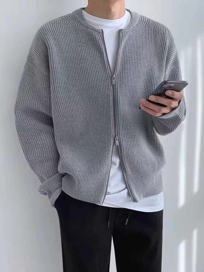 

Мужской свитер-куртка American Sle с длинным рукавом, вязаный, с круглым вырезом, повседневный, для работы, с двойной молнией, приталенный, из пряжи Core Yarn