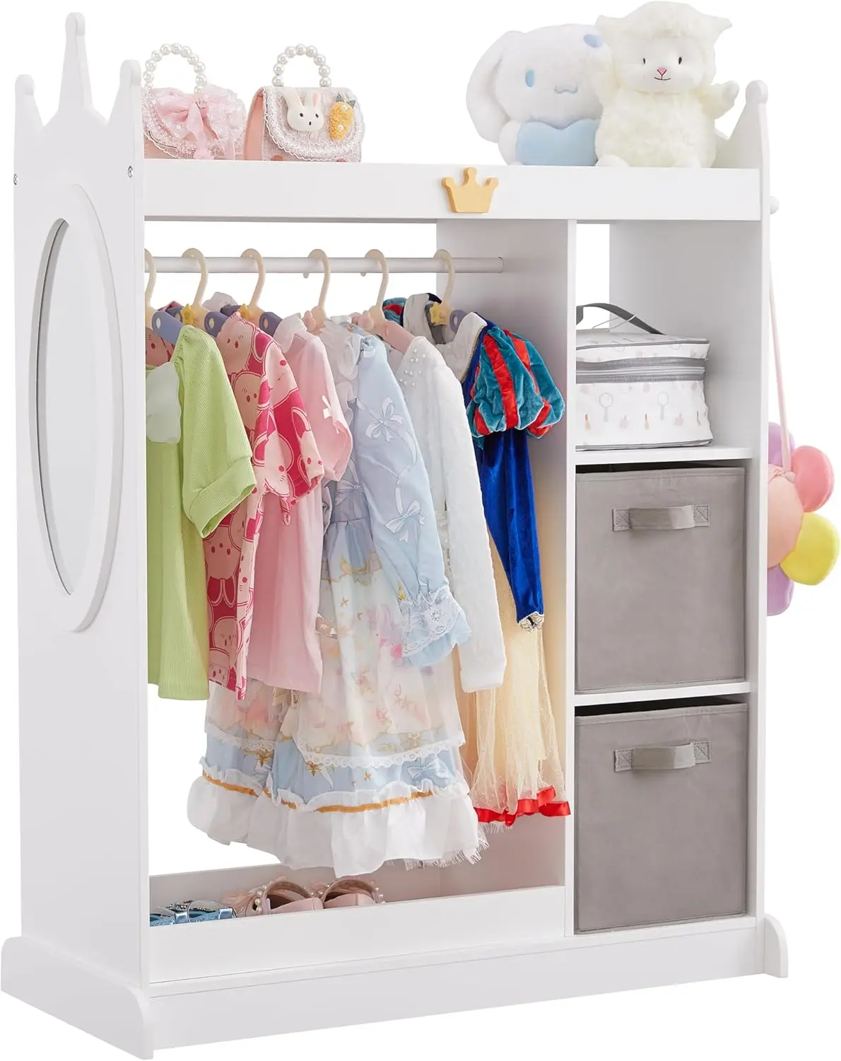 Kids Dress Up Storage With Mirror, 2 Storage Bins & Cloth Hanger, Kids Play Armoire Dresser Pretend Storage Closet For Bedroom,