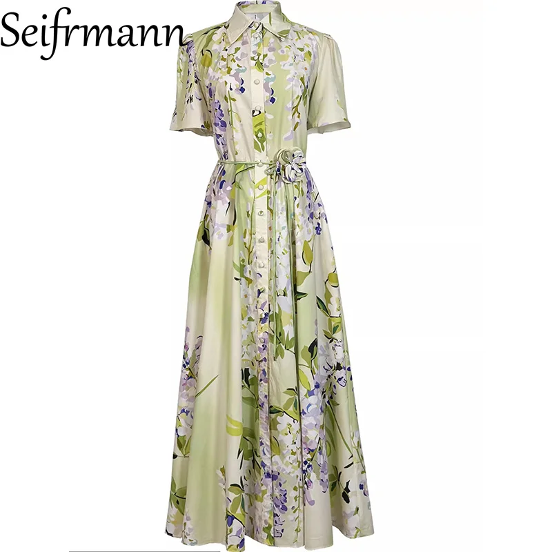 

Seifrmann 2026 Весна: Новое модное хлопковое платье с принтом, отложным воротником, коротким рукавом, на одной пуговице, с завязками на талии