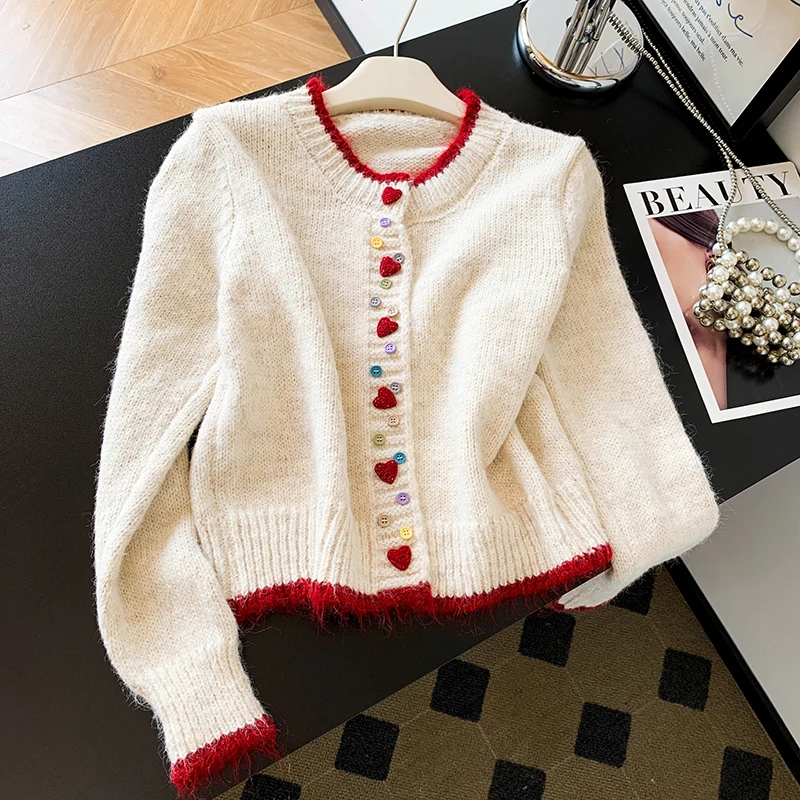 

Sweet And Gentle Love Heart Button Knitted Open Cardigan Sli Single Button Coat for Women Autumn New Arrival Wool 00%