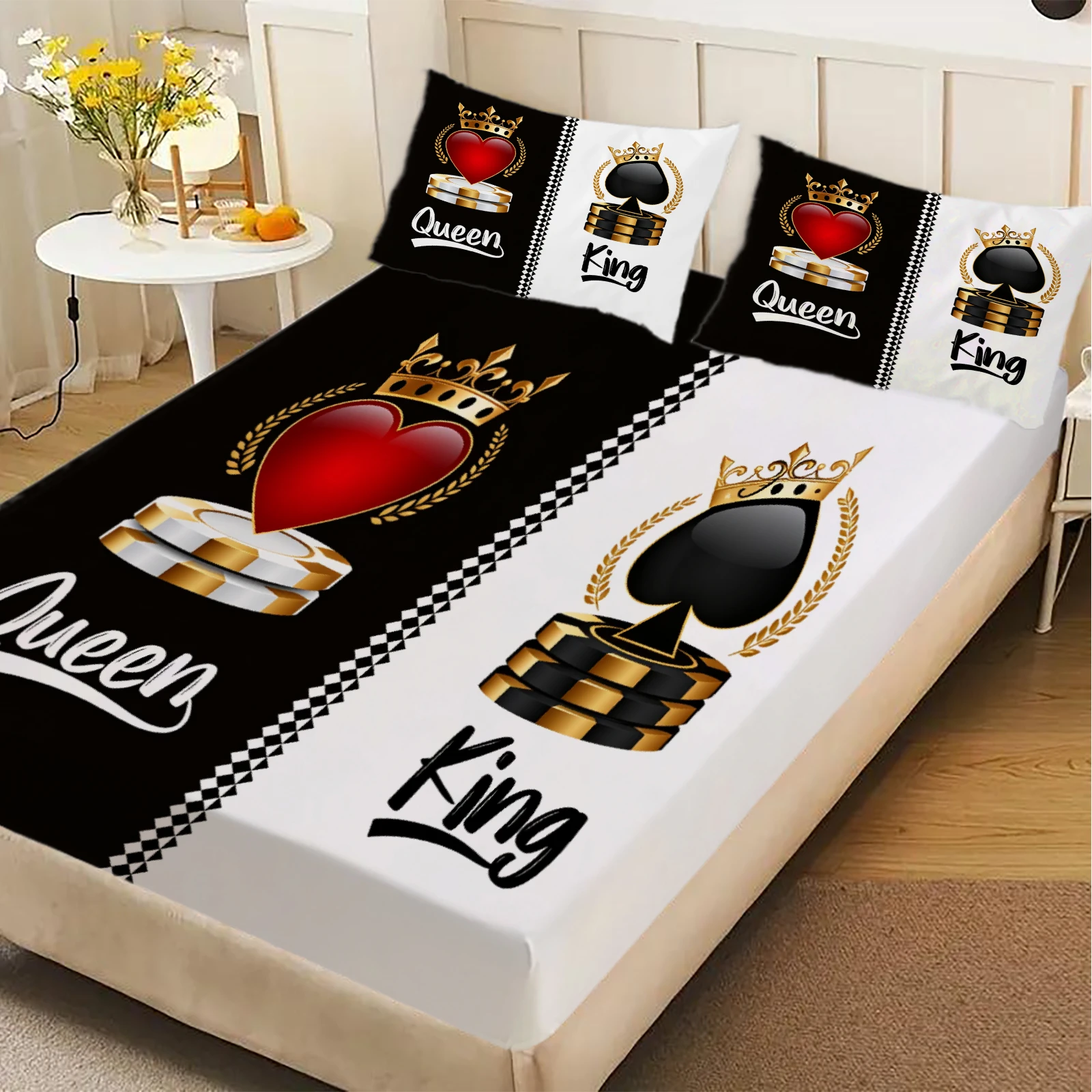 king-queen-chess-piece-fitted-sheet-set-black-white-split-design-bedding-crown-heart-print-soft-polyester-for-couples-bedroom