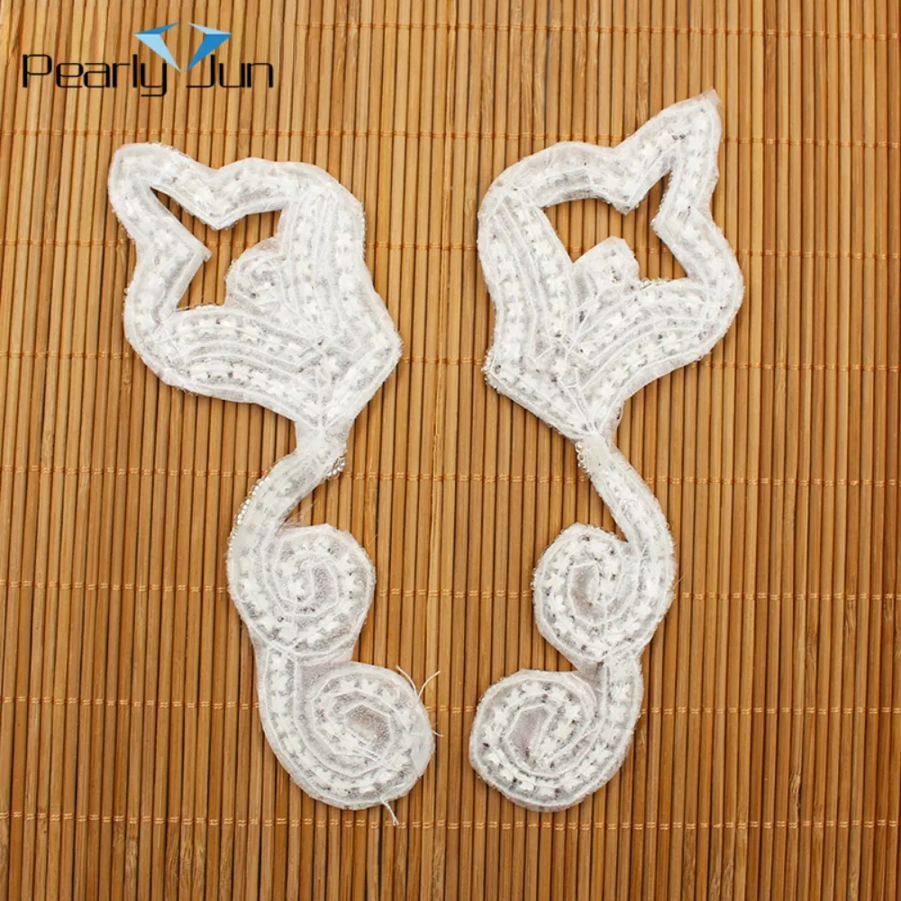 1 Pair White Symmetrical S Shaped Glass Crystal DIY Handmade Patch Decoration for Bridal Wedding Dress Rhinestone Applique WH072