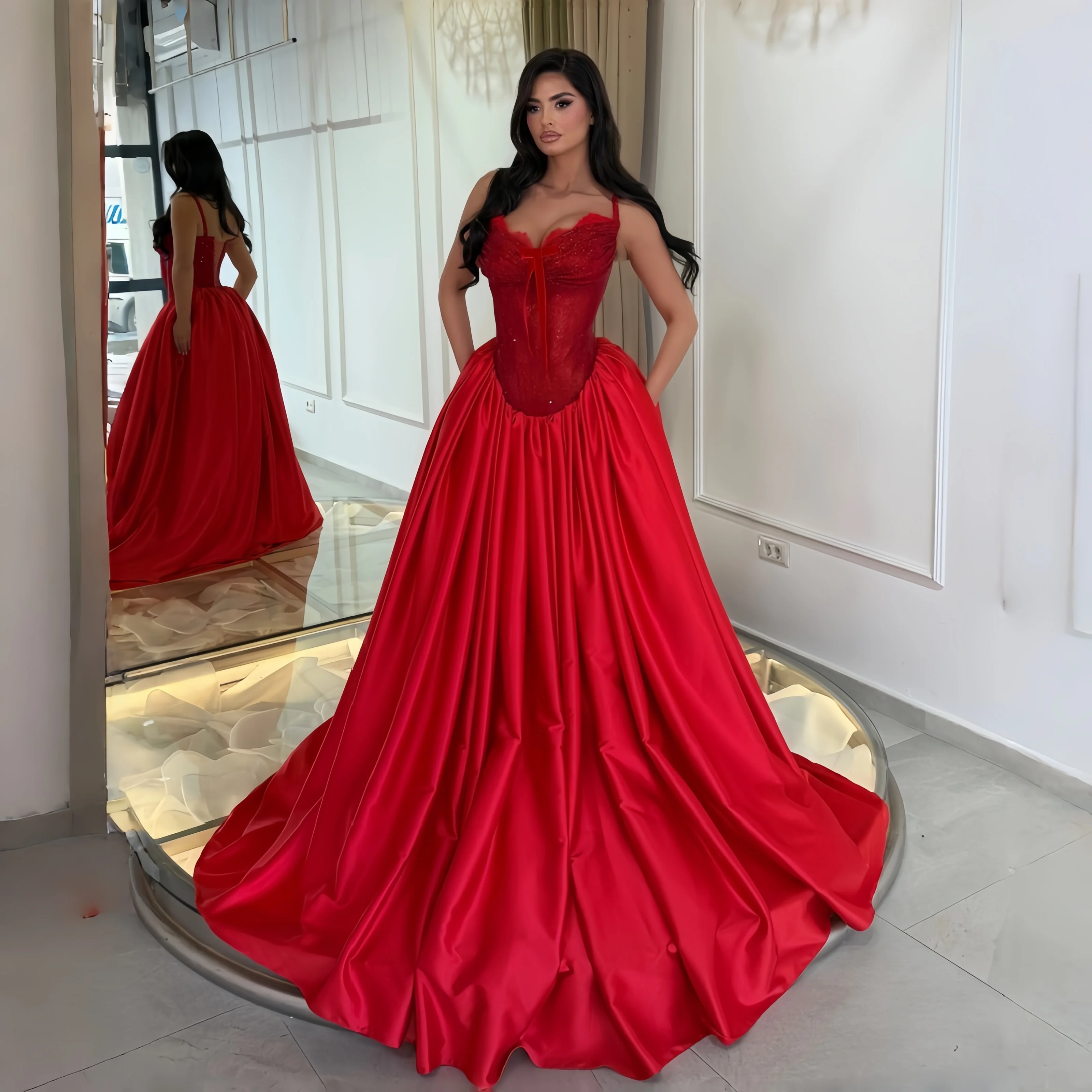 Luxury Red Women Evening Dress Lace Corset Vintage A Line Sleeveless Satin Floor Length Customized Formal Events Dresses