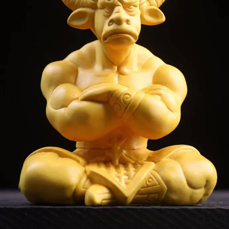 Yellow Boxwood Carved Bull Figurine - 14cm High, Zodiac Year Decoration, Home and Car Decor