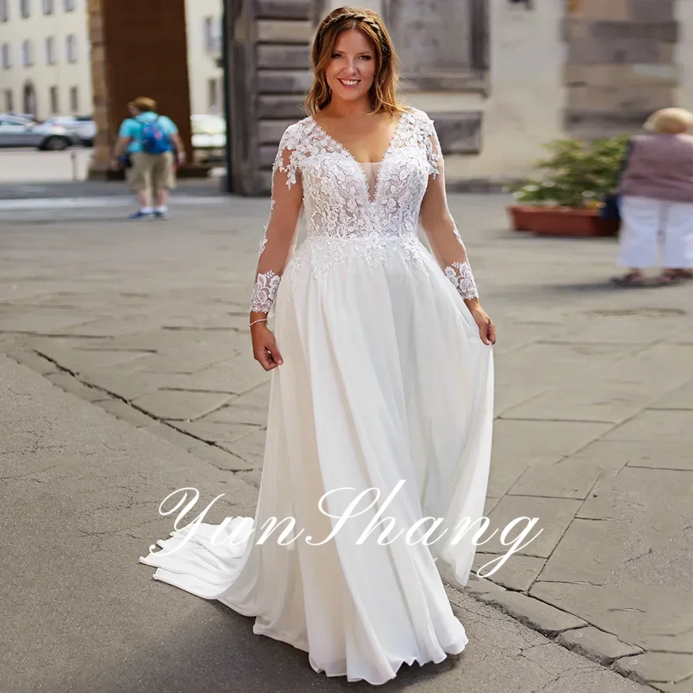 Plus Size V Neck Illusion Three Quarter Lace Sleeves Wedding Dress Applique Bodice Chiffon A Line Ball Gown Skirt with Train