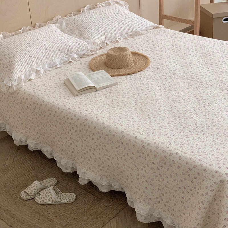 Korean Princess Style Floral Lace Ruffles 100%Cotton Quilted Bedspread Bed Cover Mattress Topper Coverlet Bed Sheets Pillowcases