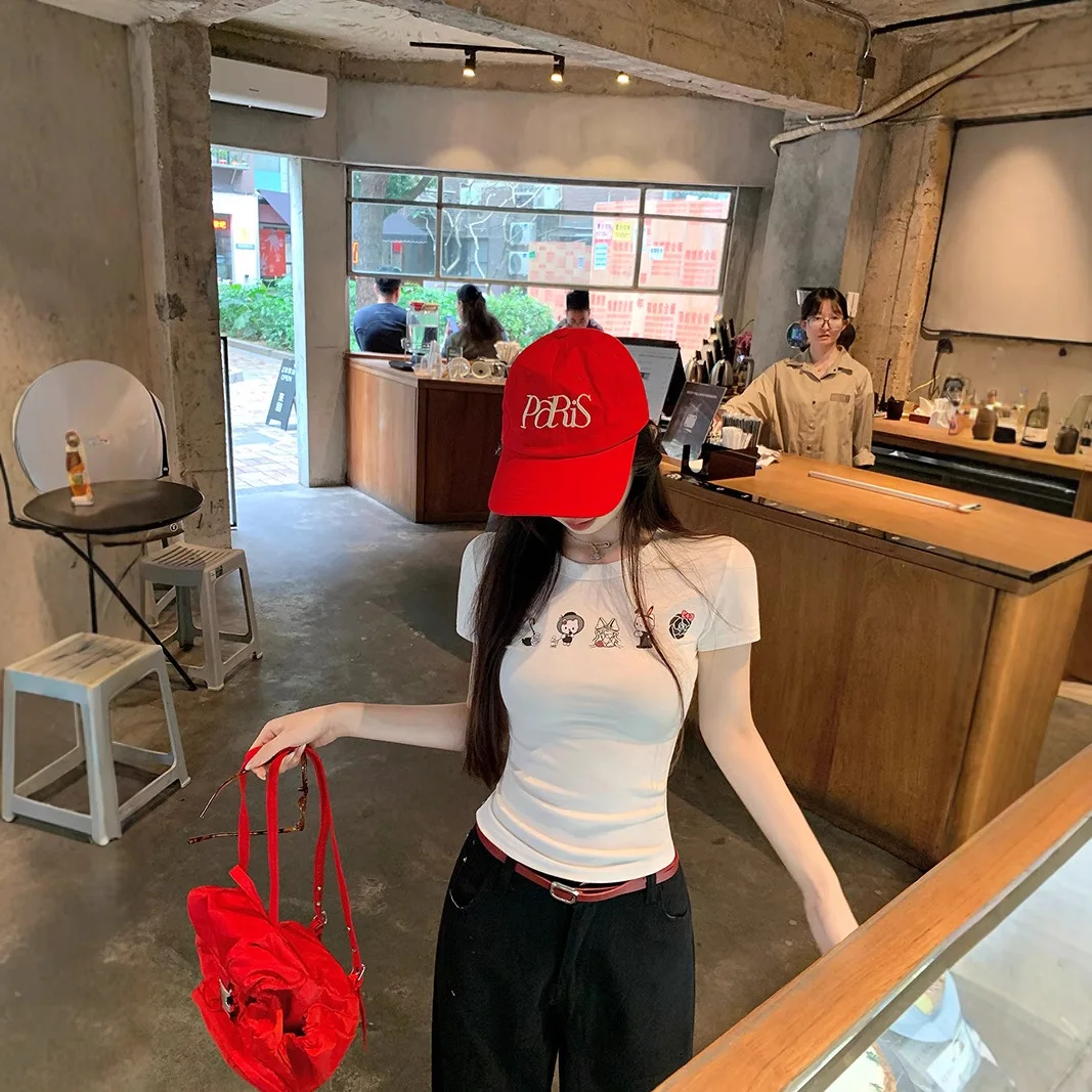 جيني رمادي السجق الكلب طباعة جولة الرقبة قصيرة الأكمام تي شيرت المرأة الصيف أعلى مريحة عارضة نمط نسيج مرن