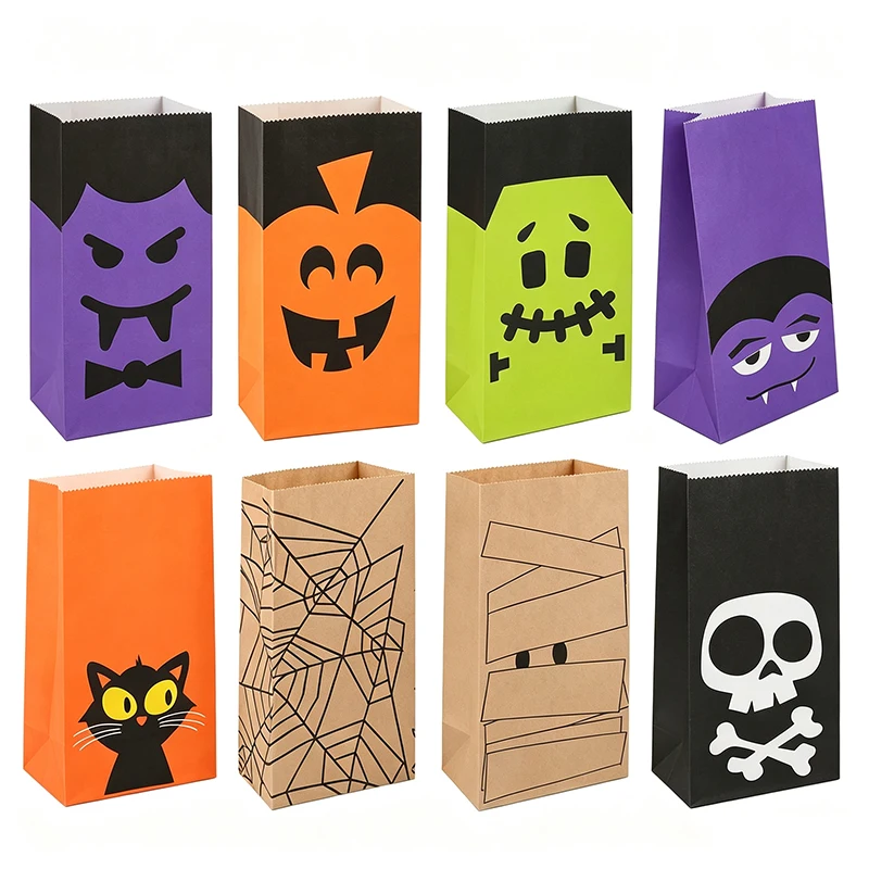 8PCS Halloween Themed Paper Bag Pumpkin Vampire Cat Skull Spiderweb Bat Design Party Favors Storage Trick or Treat Packaging ZYF
