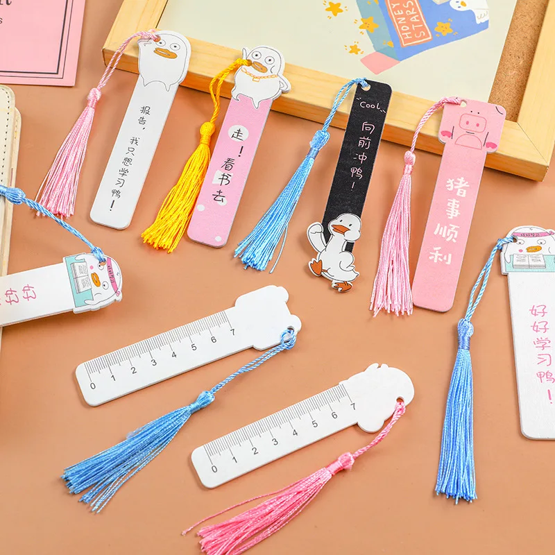 12 Pcs Book Marks Korean Creative Cartoon Inspirational Duck Wooden Ruler Small Fresh Cute Tassel Pendant Wooden Bookmark Flip