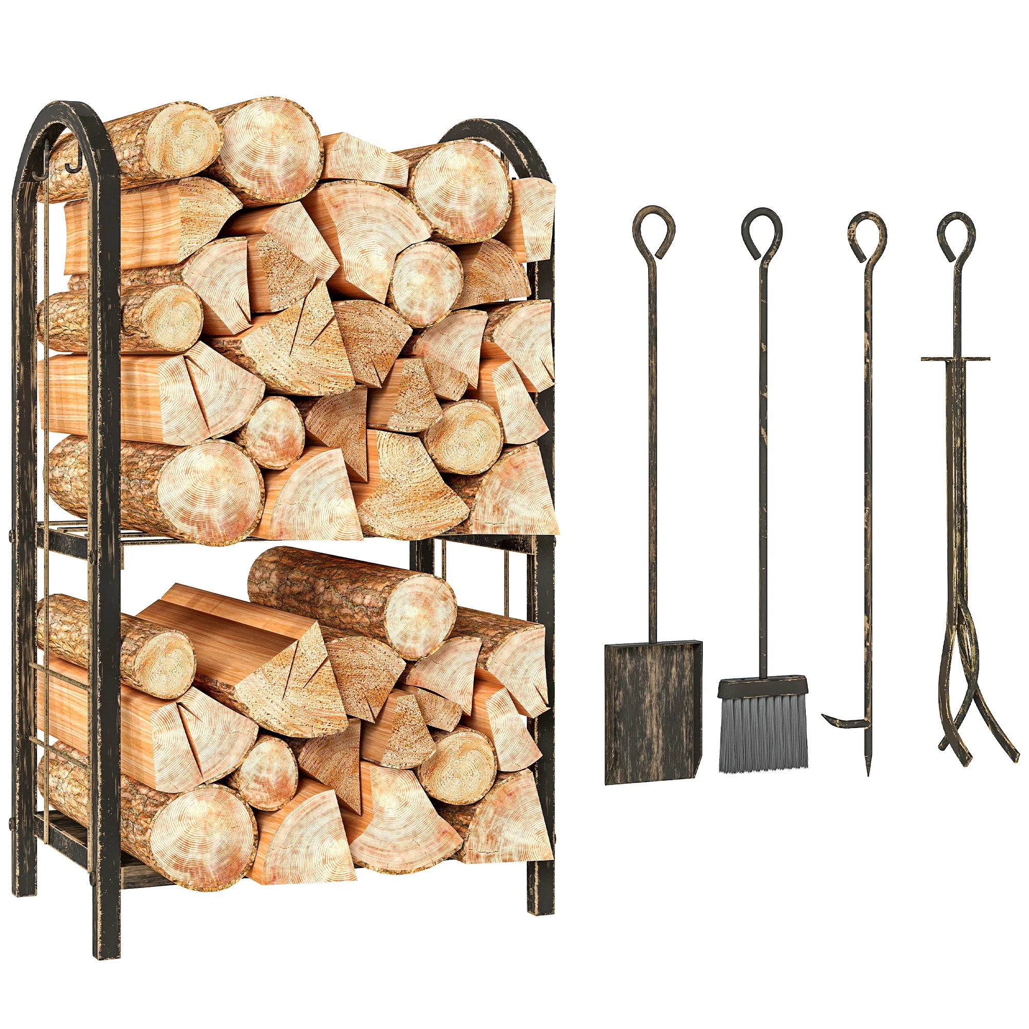 Outsunny Metalen Houtrek, 2-Laags Buiten Houtrek met 4 Haardgereedschappen en Haken, Haardhouthouder voor Binnen- en Buitengebruik, Draagvermogen 100 Kg, 43X30X74 Cm, Bruin