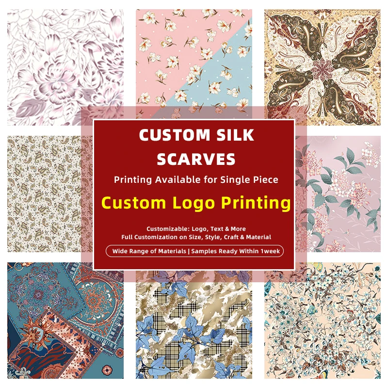 Custom Mulberry Silk Scarf Floral Print Multifunctional Triangle Wrap Wool Silk Bandana Beach Neck Scarf Factory Wholesale