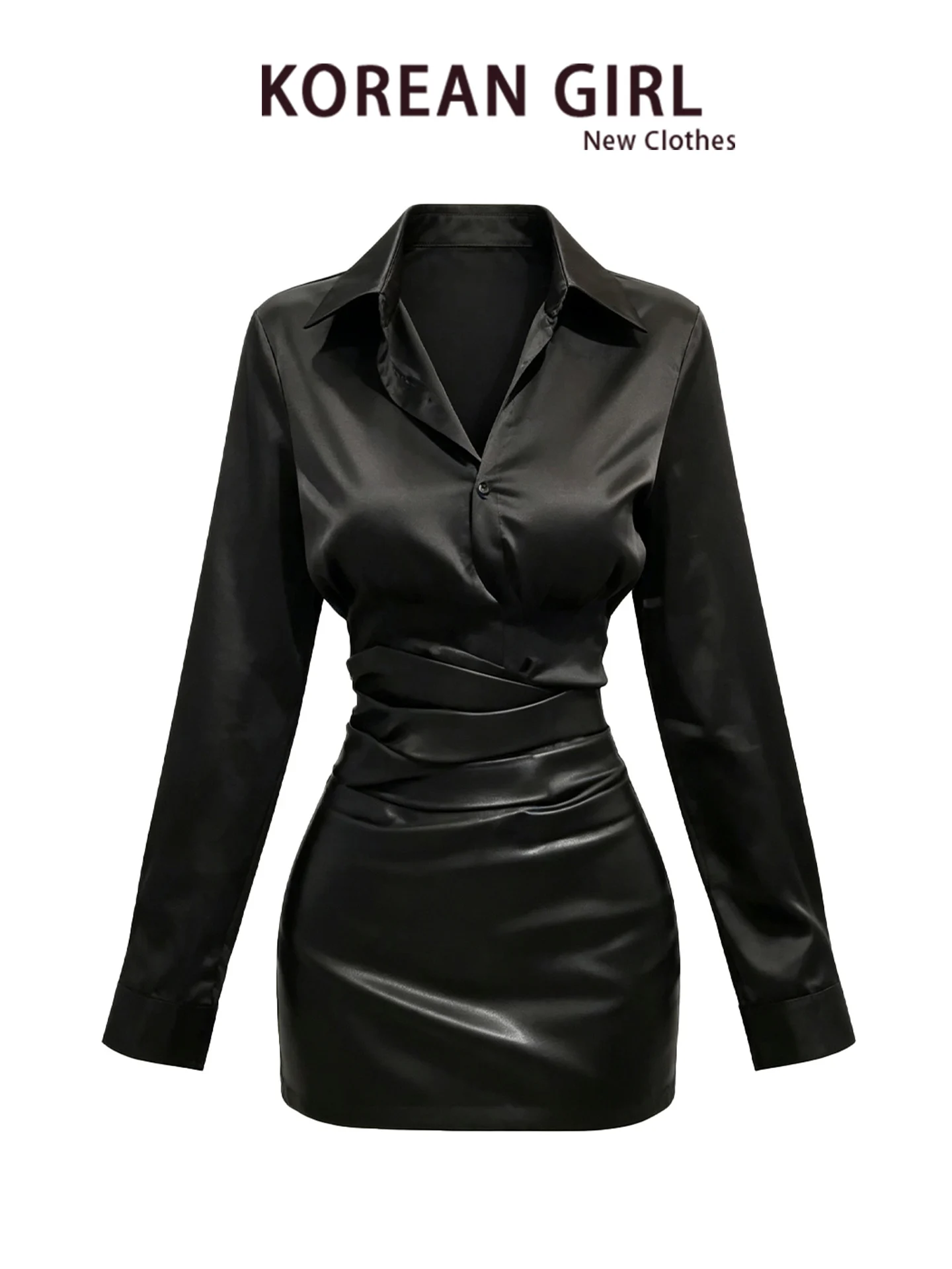 Pure Desire Black Sexy Long Sleeve Shirt And Leather Skirt Set Women's Autumn Waist-Cinching Half-length Skirt Two-piece Set