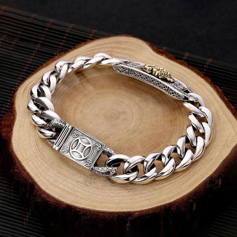 Retro Style Silver Cuban Bracelet Fashion Ancient Copper Money Auspicious Chain Jewelry Men Party Friendship Gift
