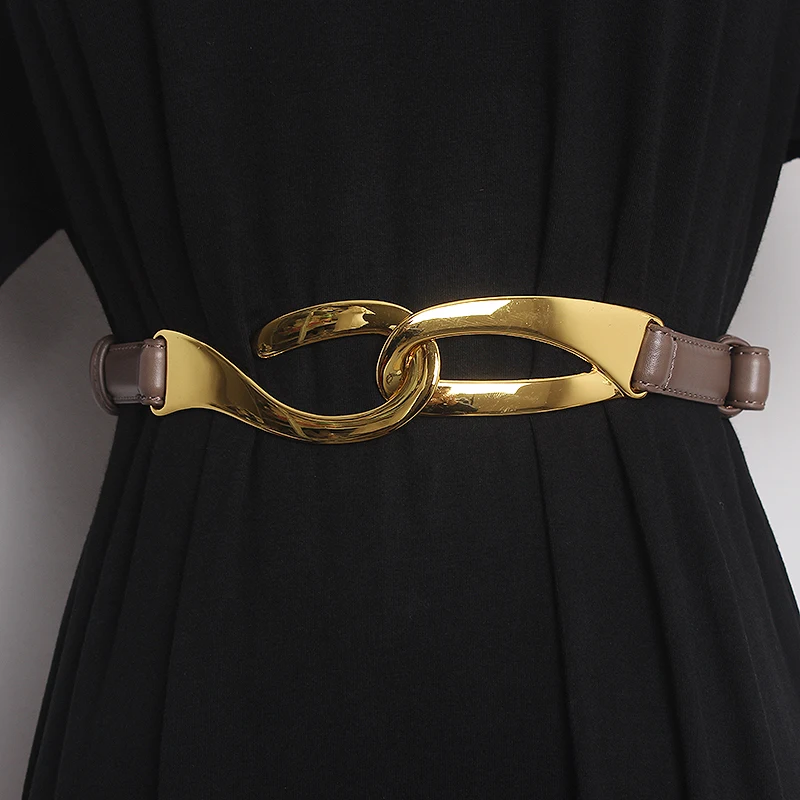 Women's Runway Fashion Gold Buckle Genuine Leather Cummerbunds Female Dress Corsets Waistband Belts Decoration Belt TB2259