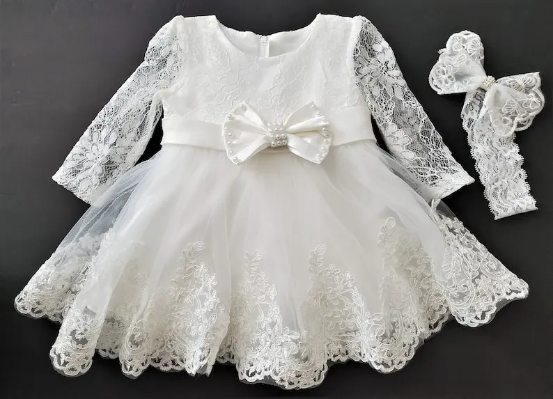 2-Piece Lace Christening Dress & Headband Set: Baptism Gown, Flower Girl Dress