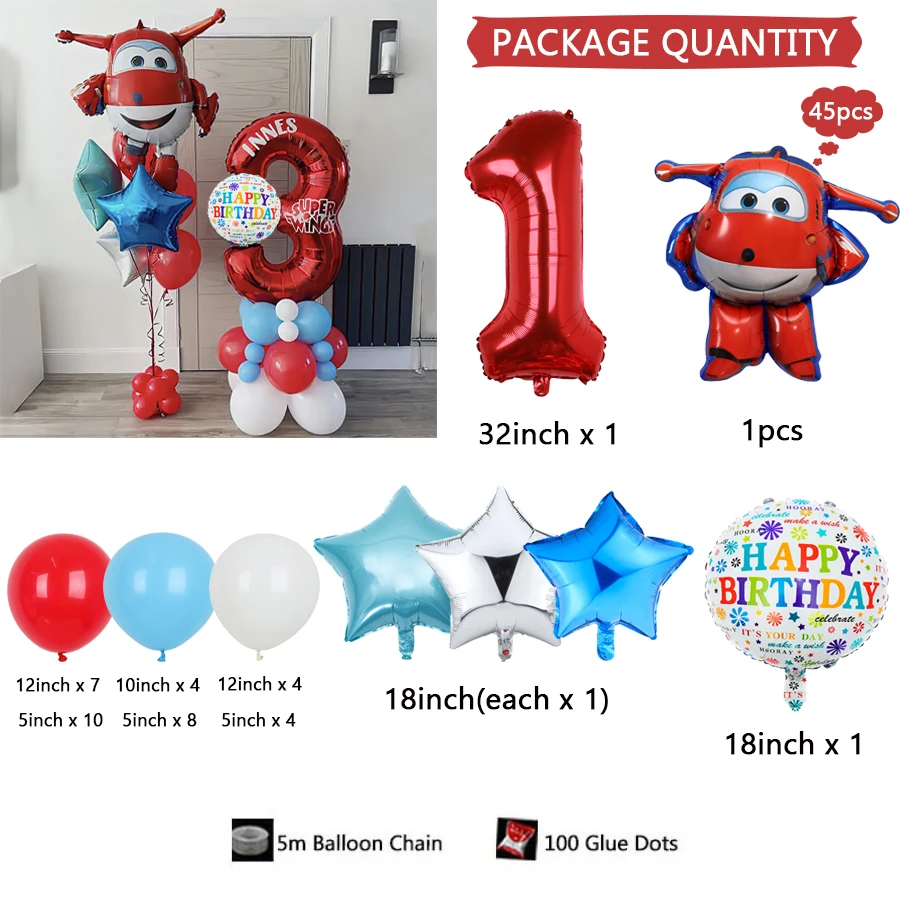 45Pcs New Cartoon Super Wings Theme Jet Red Digital Balloon Set Birthday Party Theme Party Decoration Globos Baby Shower Toys