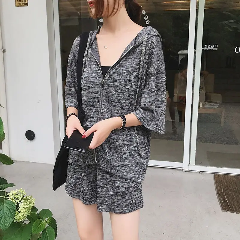 Summer New Short Sleeve Hoodies Sets Women Casual Loose Large Size Thin Cardigan Hoodie Wide-leg Shorts Fashion Two Piece Suits